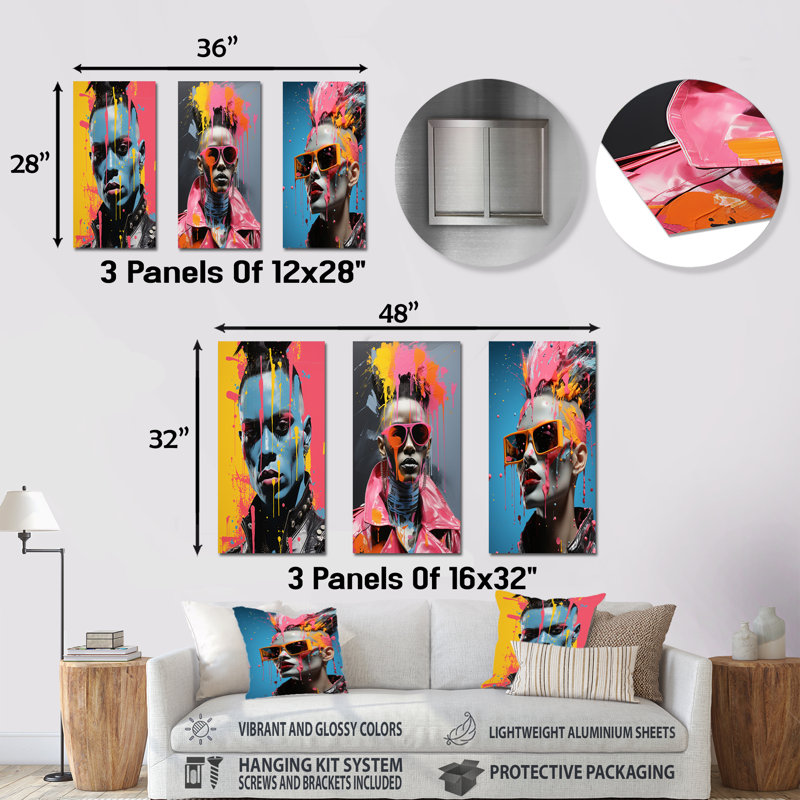 «Bold Balance On Woman Mohawk Fashion Expression I», art pop art mural en métal, ensemble de 3, H 28 po x l 36 po