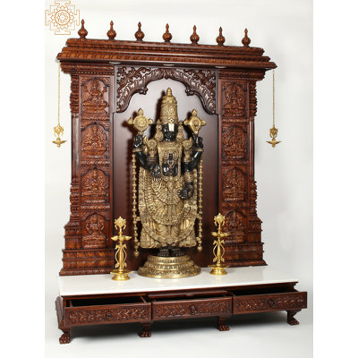 72 "très grand temple sculpté Ashtalakshmi en bois sculpté avec lampes en laiton - Pooja Mandir traditionnel indien fabriqué à la main avec base en marbre