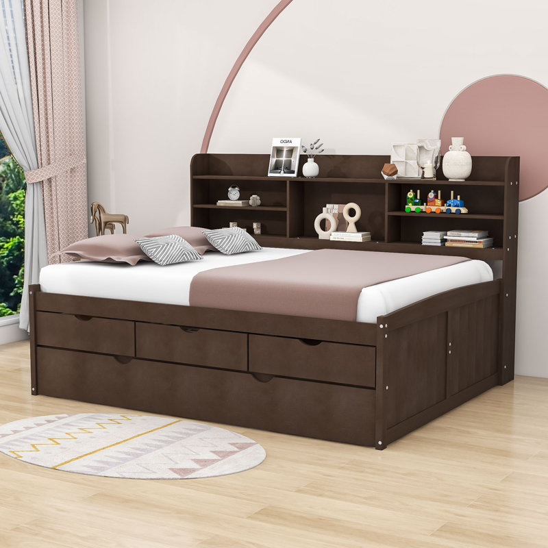Beckwourth Full Size Wooden Platform Bed with Shelves and 3 Drawers,Twin Size Trundle, Antique Brown