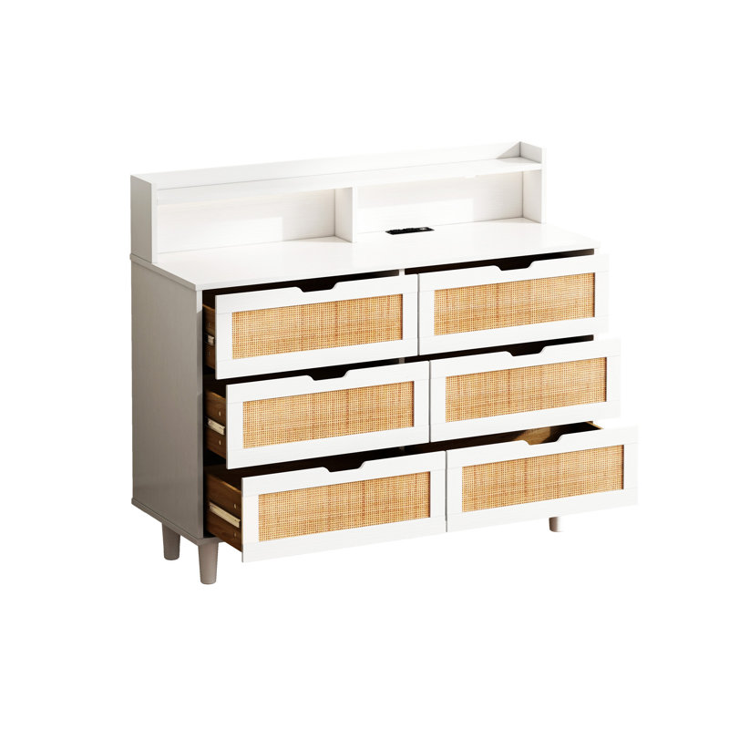43.31"6-Drawers Rattan Storage Cabinet Rattan Drawer With LED Lights And Power Outlet