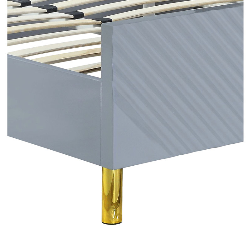 Grand lit gris très brillant avec motif ondulé, métal et 26 lattes, 2 pieds de soutien, capacité de 660 lb, bois synthétique, poids