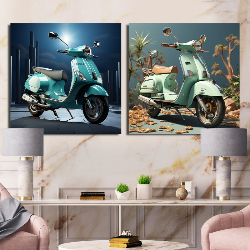 Vintage Vibrant Scooter - Ensemble de 2 collages carrés, H 16 po x l 33 po, Toile tendue