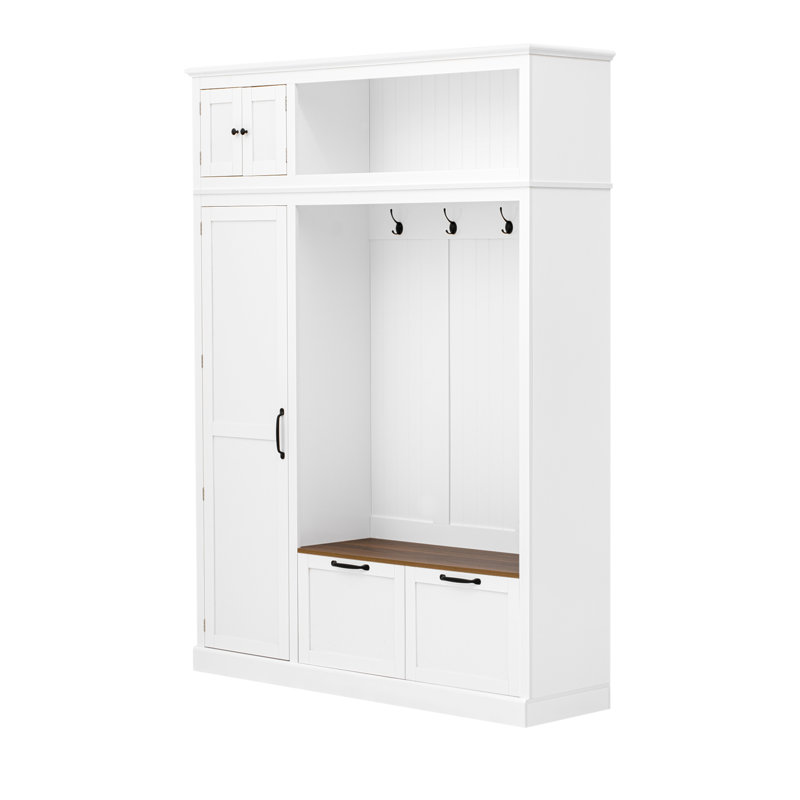 3-In-1 Hall Tree With Overhead Storage Cabinet, 3 Adjustable Side Shelves, 4 Heavy-Duty Hooks, 2 Spacious Drawers, Grooved Back Panel Design, Contrasting Seat Bench, Multifunctional Entryway Organizer