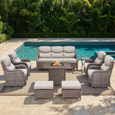 Simino 9-Piece All Weather Outdoor Wicker Patio Square Fire Pit Table Conversation Set With 4 Swivel Gliders