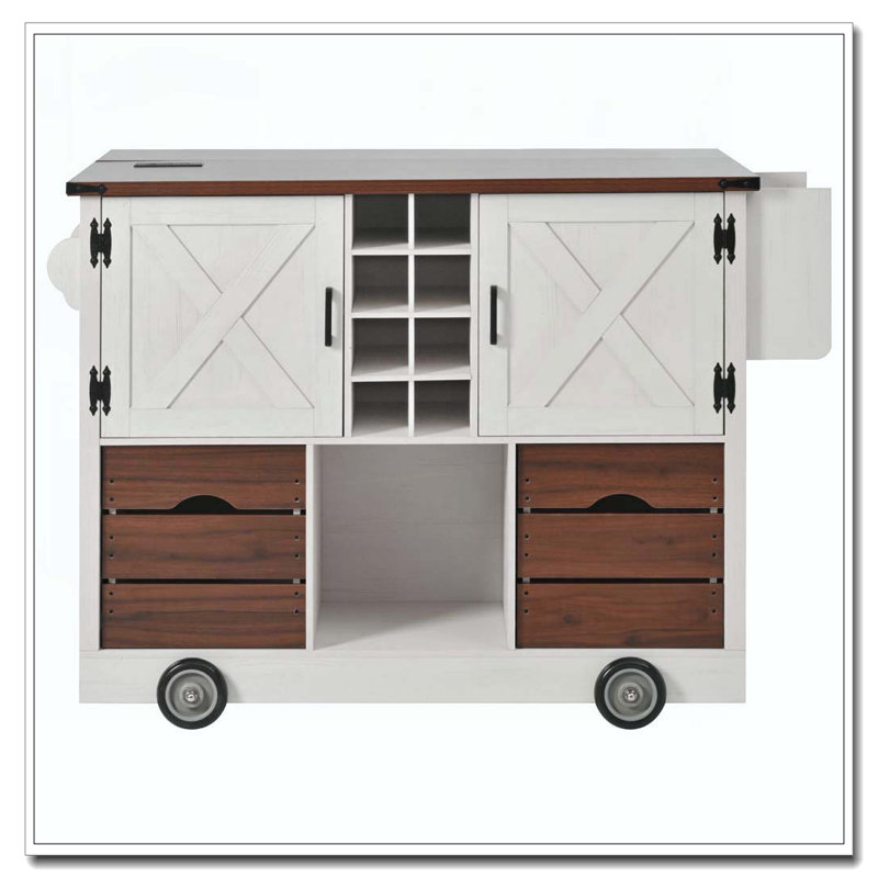 54" Farmhouse Kitchen Island With Drop Leaf, Power Outlet, Kitchen Storage Cart With 2 Doors, 2 Drawers, Rolling Kitchen Island On 4 Large Wheels With Spice Rack For Kitchen, Dining Room