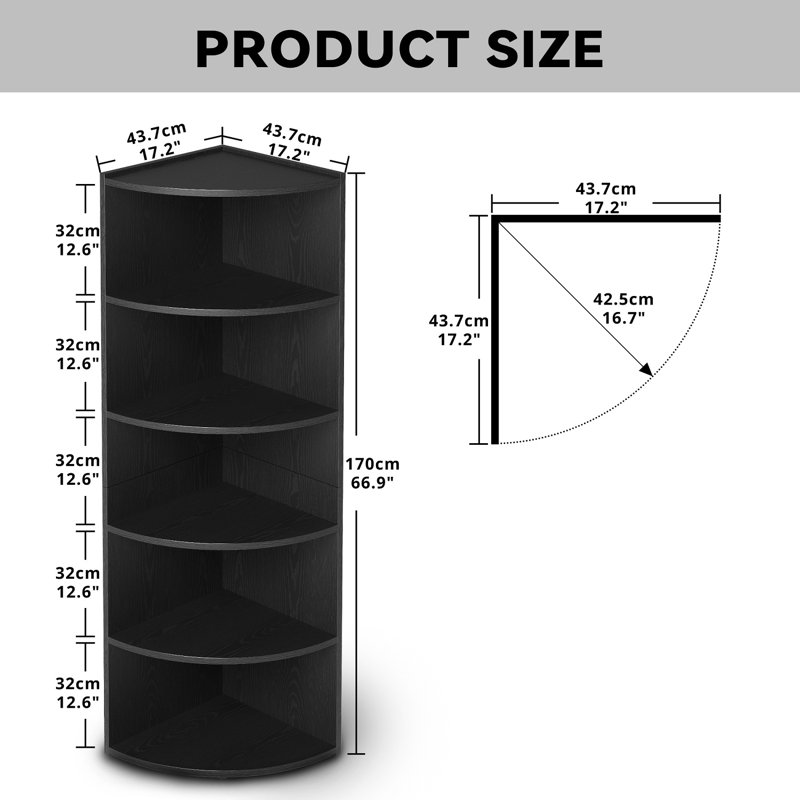Finkel 66.9" H x 17.2" W Fan-Shaped 6-Tier Corner Bookcase, Wooden Opening Bookshelf, Black