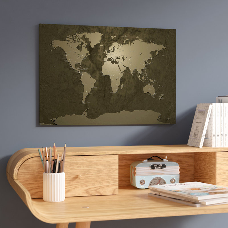 « World (Cities) Map V », impression, H 18 po x l 26 po x P 1,5 po, Toile avec cadre noir