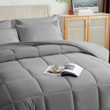 Grey Queen Size Comforter Set - 7 Pieces, Bed In A Bag Bedding Sets With All Season Soft Quilted Warm Fluffy Reversible Comforter,Flat Sheet,Fitted Sheet,2 Pillow Shams,2 Pillowcases