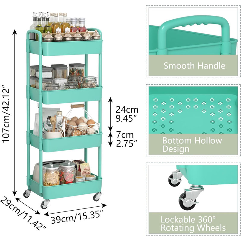 4-Tier Plastic Rolling Utility Cart with Handle, Multi-Functional Storage Trolley, Living Room, Kitchen, Movable Storage Organizer with Wheels