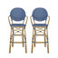 Tabourets de bar style français en osier avec structure en aluminium - ensemble de 2, imprimé bambou bleu marine