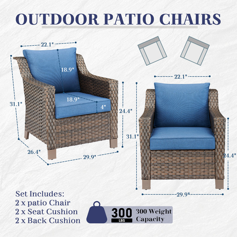 Jenesys Outdoor Wicker Patio Chairs Set Of 2 With Cushions, Blue