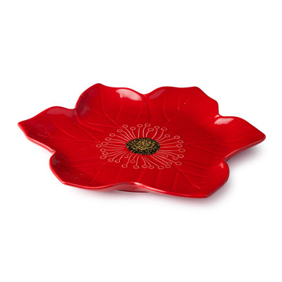 Festive Blooms 3-D Poinsettia Platter 13in — A breathtaking sculptural stoneware platter shaped as a full poinsettia bloom in vivid glossy red, the boldest centerpiece of the season.