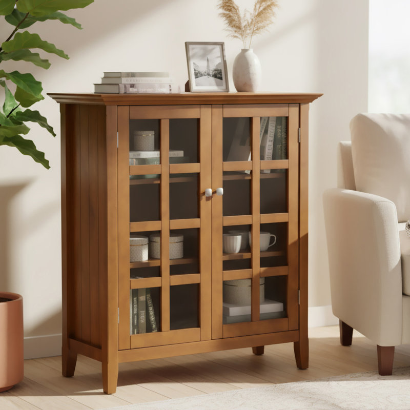 Acadian Solid Wood Transitional Low Storage Cabinet with Glass Doors and Adjustable Shelves, Light Golden Brown