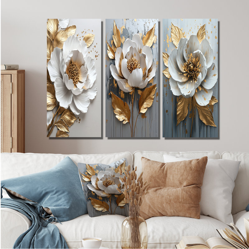Marbre blanc pivoine I - Collection de 3 panneaux de pivoines, H 28 po x l 36 po, Toile tendue, Ne s’applique pas