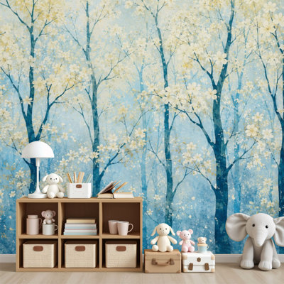 Peel and Stick Wallpaper Teal Landscape Blue Forest Panoramic Abstract Nature Abstract Trees Wall Murals 69"H x 96"W Removable PVC Wall Paper Self-Adhesive Wall Decor for Bedroom Living Room Home Office