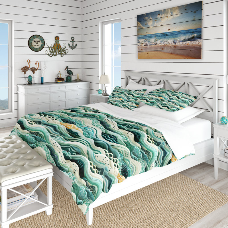 Ensemble de housse de couette Coastal Chevron Green Waves, Housse de couette pour très grand lit et 2 très