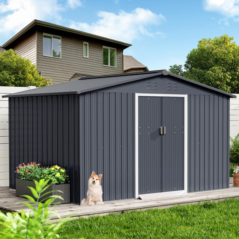 Outdoor Storage Shed, Large Metal Aluminum Waterproof Tool Sheds With Lockable Door, Gray, 77.5" H x 122.8" W x 128" D