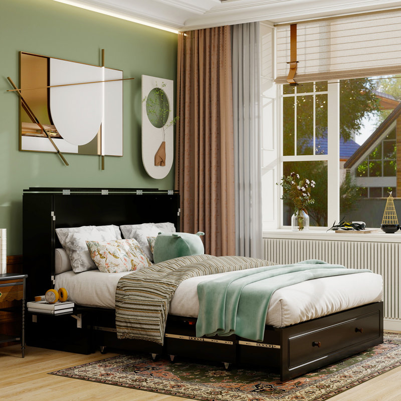 Queen Murphy Bed With Drawer, Black