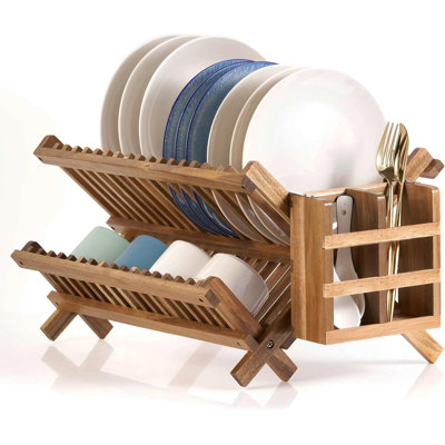 Égouttoir à vaisselle en bois d'acacia pour comptoir de cuisine 2 niveaux pliable Bmaboo égouttoir à vaisselle avec porte-ustensiles