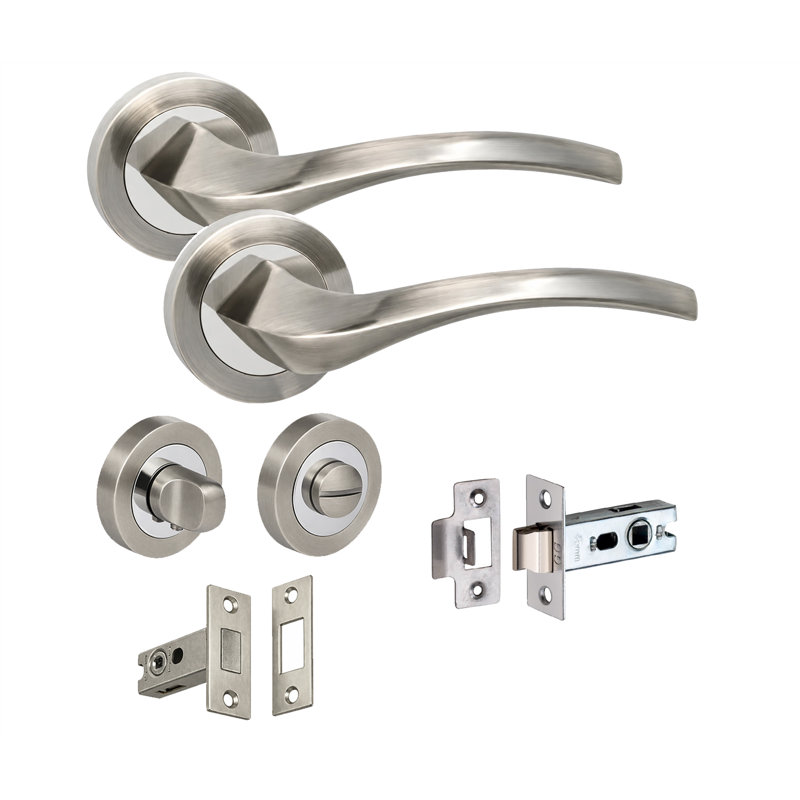 Golden Grace 1 Pair Grove Design Bathroom Door Handles on Round Rose Satin Nickel and Polished Chrome Durable Metal Internal Curved Lever with Dead Bolt Set and Thumbturn - 52mm