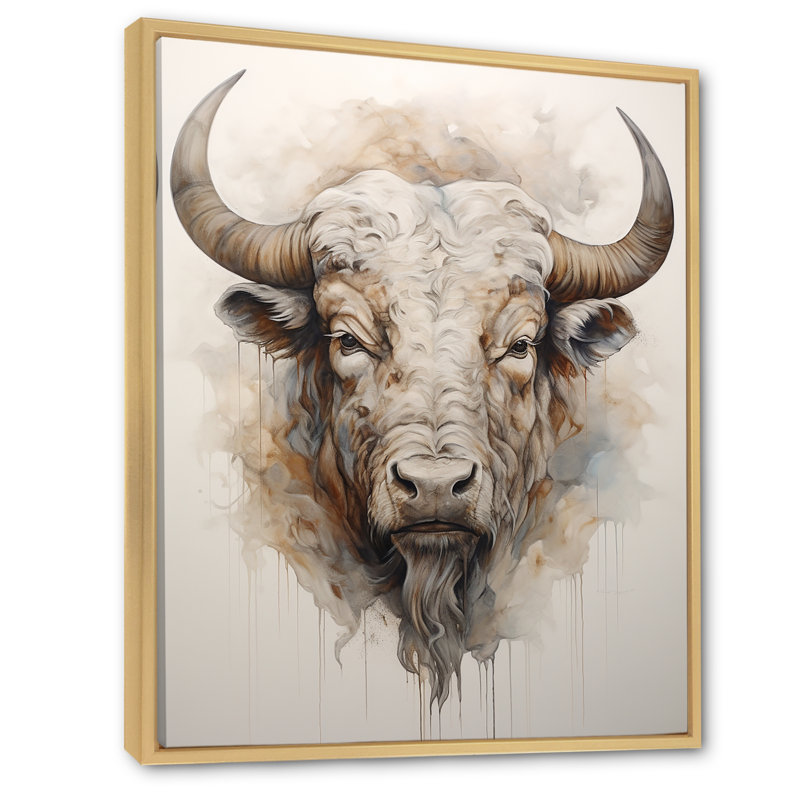 Tête de bison Buffalo III sur toile, Cadre naturel flottant, H 40 po x l 30 po x P 1,5 po