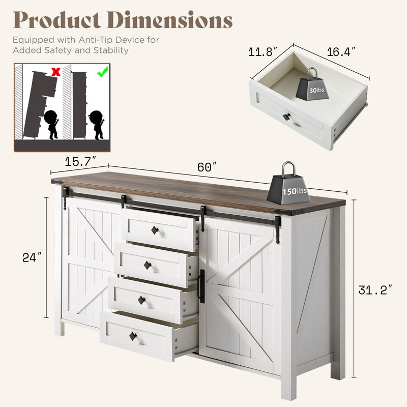 Chiara 60" Sliding Barn Door Sideboard with Drawers, White/Brown, White/Brown