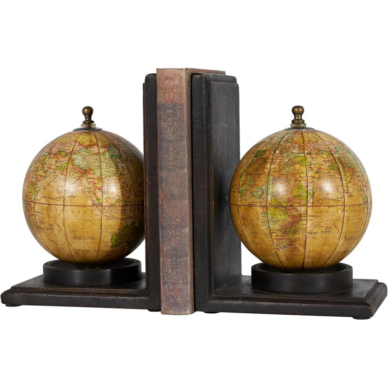 Wood World Map Decorative Bookends Globe Non Skid Bookends, Set Of 2 Office Bookends8"H, 6"W, Brown