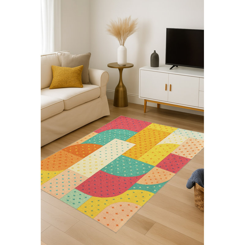 Tapis jaune tissé à motif lavable Mosso, 3'3" x 4'11"