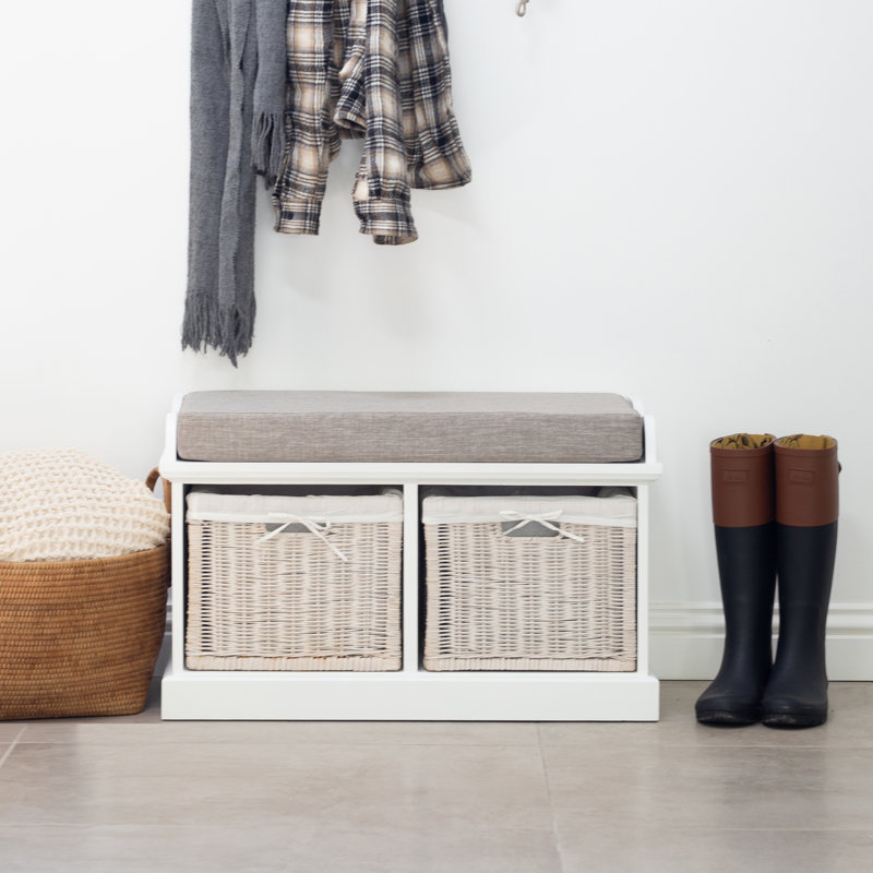 Bastogne Polyester Blend Upholstered Storage Bench, White, Grey, White