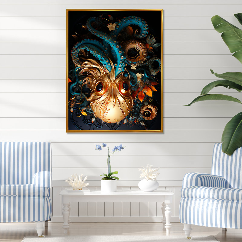 Pieuvre dorée sous l'eau sur toile, Cadre simple argenté, H 32 po x l 24 po x P 1 po