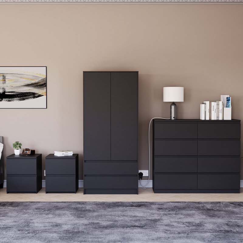 Tanino 4 Piece Bedroom Set (2 Drawer Large Bedside Chest X2, 8 Drawer Chest, 2 Door 2 Drawer Wardrobe), Black