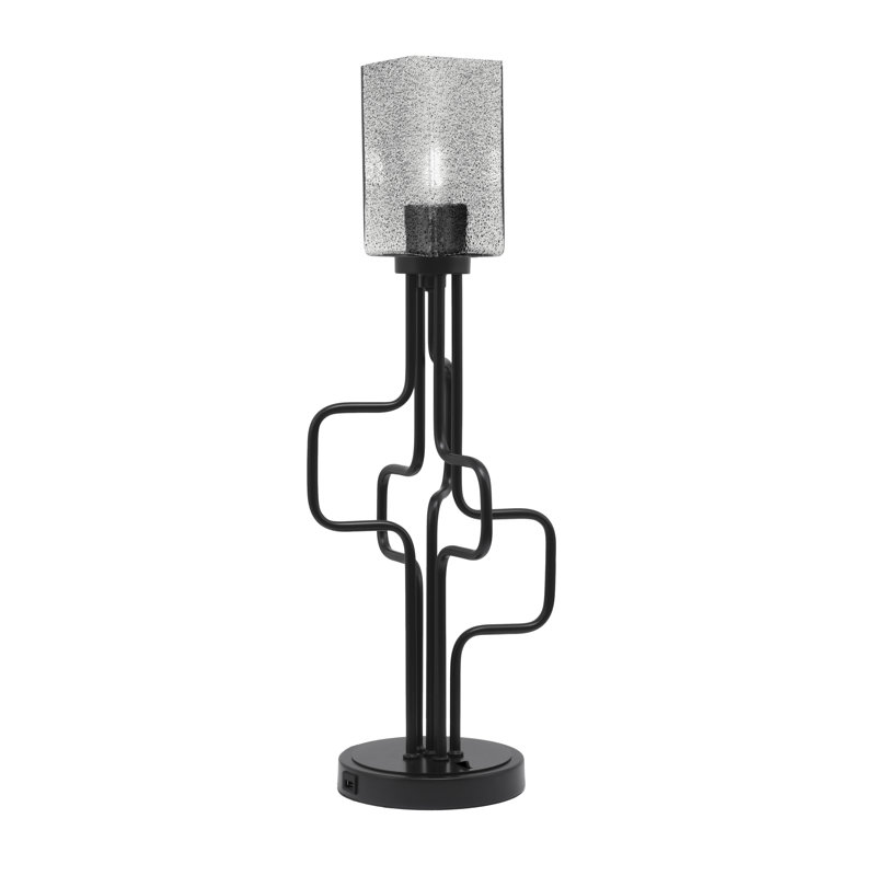 Lampe d'appoint Amarmula, avec ports USB, finition noir mat, verre à bulles carré de 3,5 po, Noir, Transparent/noir