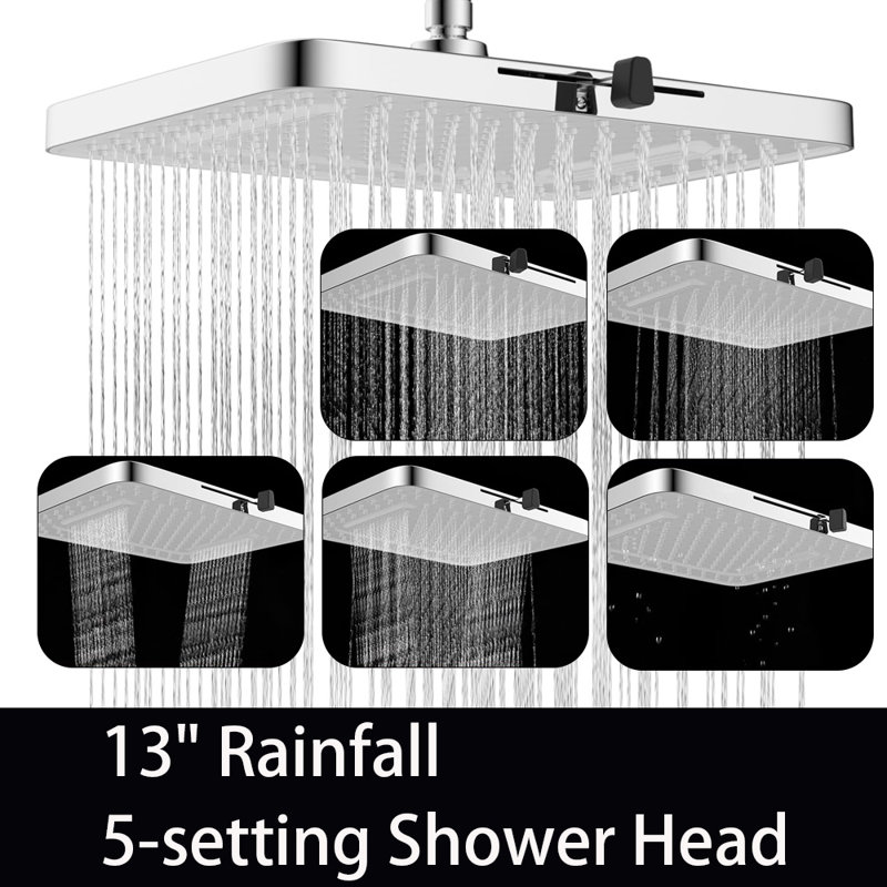 13'' High Pressure Rain Shower Head, 5 Spray Modes Shower Head With Adjustable Swivel Ball Joint, Silver