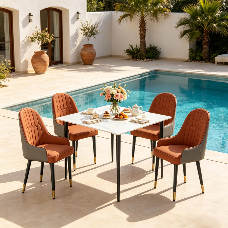 4 -Person Marble Dining Set, White, Orange/Grey