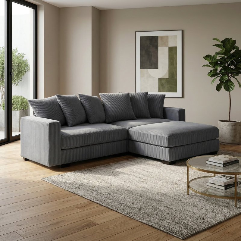 Corduroy Modular Sofa With Movable Ottoman, 6 Back Pillows, Dark Gray Corduroy