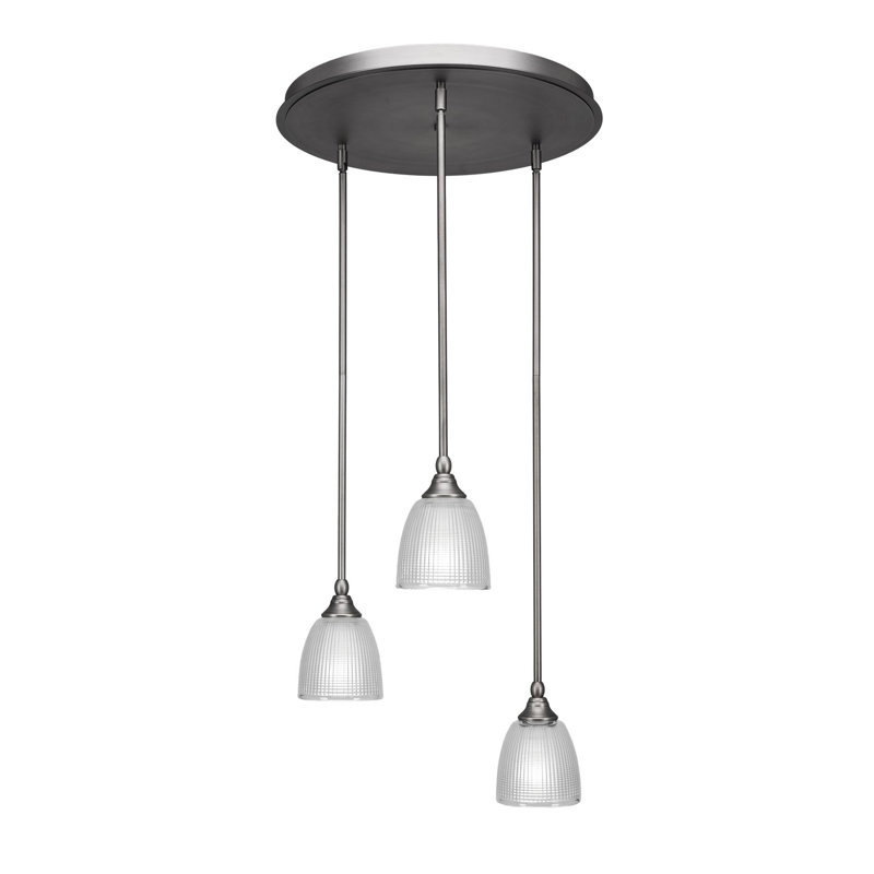 Shamar 3 Light Stem Hung Cluster Pendalier Shown With 5" Clear Ribbed Glass, 10.75'' H x 18'' W x 18'' D, Brushed Nickel