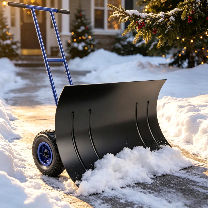 Blue 29 Inch Wheeled Snow Pusher, 7‑Angle Blade With Wear Strip For Driveway Use