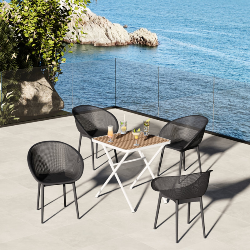 All-Weather 2 chaises modernes gris chaud et table carrée multifonctionnelle - plateau de table en Pp sur pieds en métal (blanc, kaki), patins antidérapants, Pp de haute qualité, filet respirant, structure