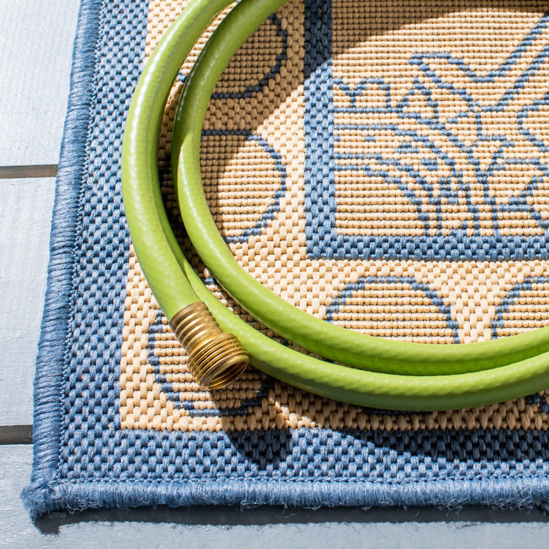 Natural and Blue Synthetic Rectangular Outdoor Rug