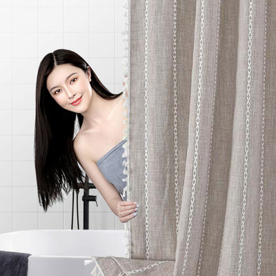  Shower Curtain Bohemian Farmside Shower Curtain,Linen Heavy Duty Striped Fabric Shower Curtain Set with Tassel, Water Repellent, Bohemian Vintage Countries Cloth Shower Bath Curtain Decor