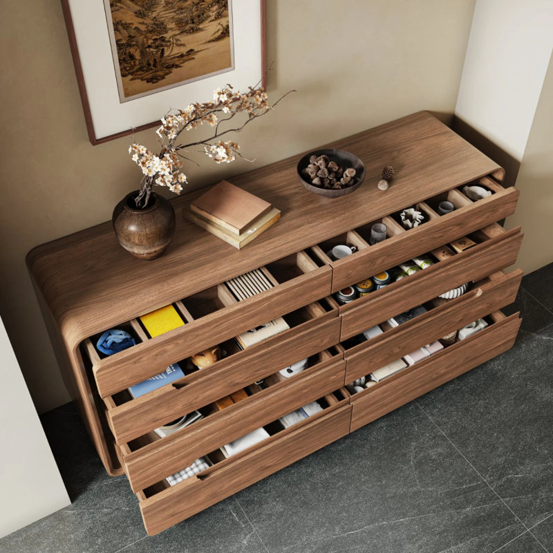 Mid-Century Walnut 8-Drawer Double Dresser, Rounded Edge Handleless Wood Chest of Drawers, Wide Storage Cabinet