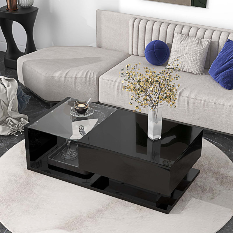 Modern Coffee Table With Tempered Glass, Wooden Cocktail Table With High-Gloss UV Surface, Modernist 2-Tier Rectangle Centre Table For Living Room