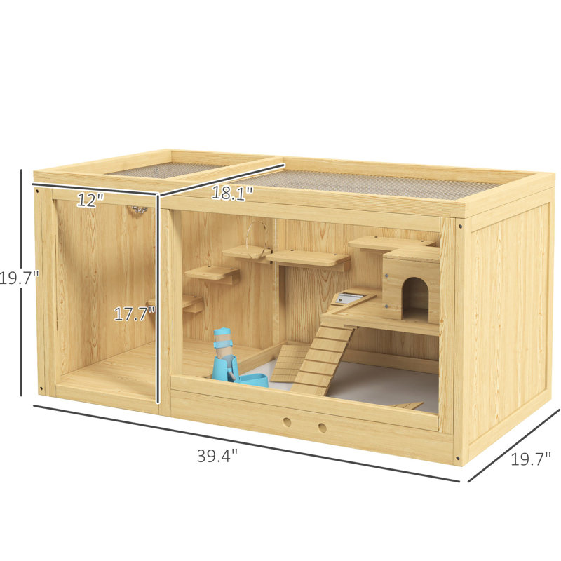 Très grande cage à hamster - en bois, multicouche, comprend des balançoires à bascule, une bouteille d'eau, un plateau coulissant, un dessus ouvert pour un abri en bois nain et gerbille grand, avec des hamsters