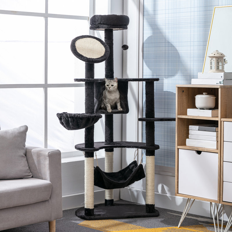 Arbre à chat multi-niveaux en peluche pour grands chats, H 60 po, gris foncé