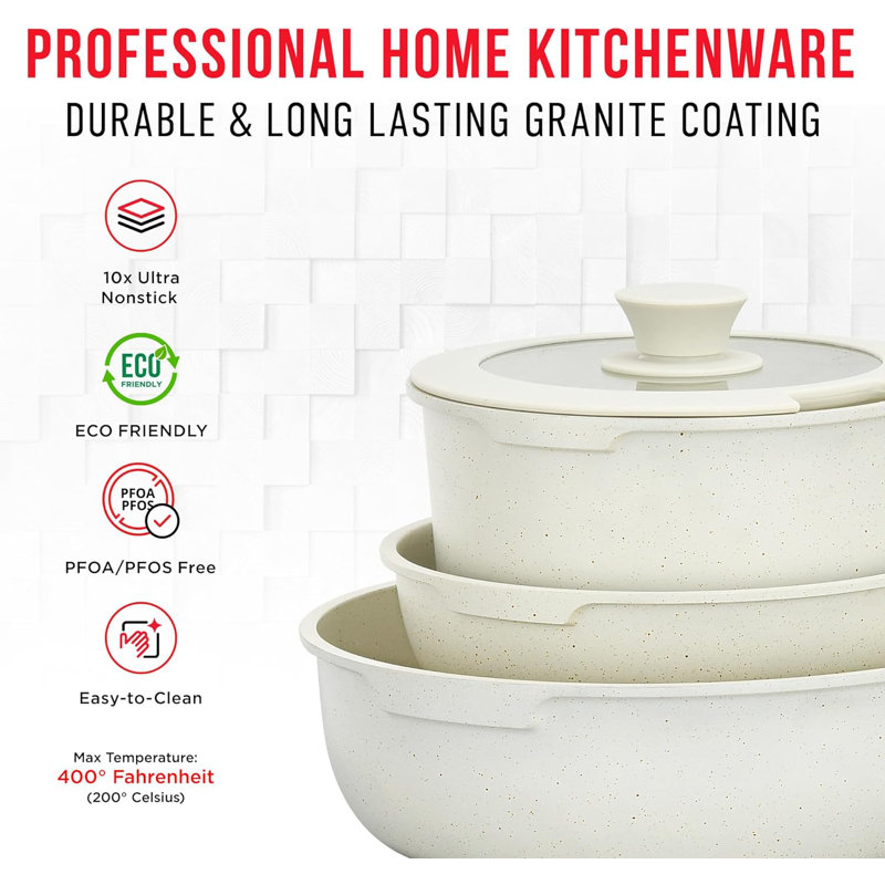 Cream 15-Piece Non-Stick Carbon Steel Cookware Set with Detachable Handles