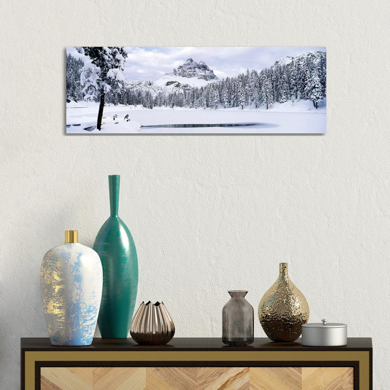 Trees Along A Frozen Lake, Lake Antorno, Tre Cime Di Lavaredo, Dolomites, Cadore, Province Of Belluno, Veneto, Italy - Wrapped Canvas Panoramic Print
