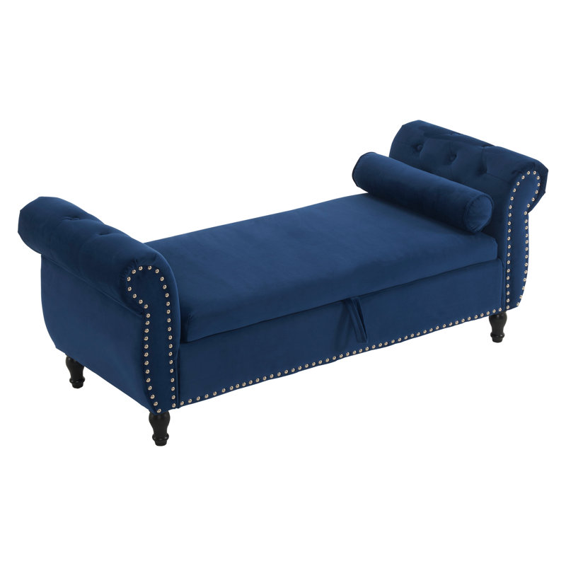 Banc repose-pieds rectangulaire en velours avec rangement et 1 coussin décoratif, Bleu marine antique