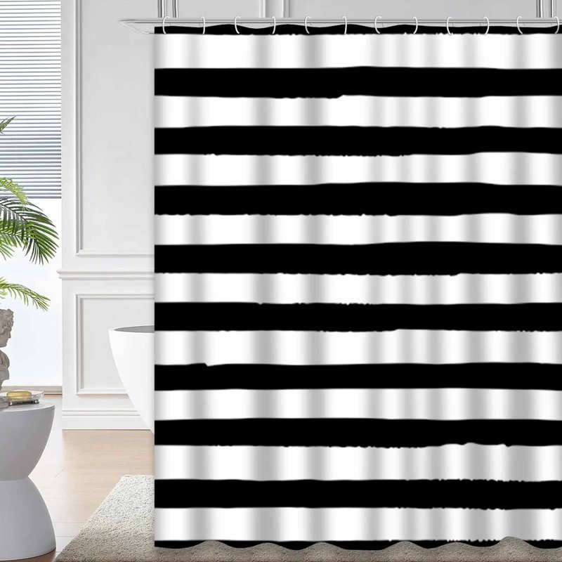 Rideau de douche à rayures horizontales noir et blanc avec 12 crochets, L 72 po x l 78 po