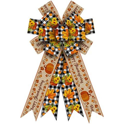 Large Fall Wreath Bows Thanksgiving Bows Pumpkin Words Buffalo Plaid Burlap Bows for Wreaths, Fall Bows Tree Topper Bows for Thanksgiving Home Indoor Outdoor Decoration Wreath Ornament Supplies