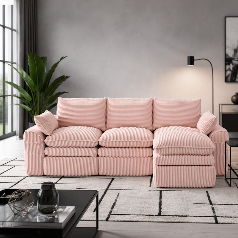 Canapé modulaire en L avec coussins de siège amovibles en nuage, repose-pieds mobile et configuration réglable pour un confort ultime et une flexibilité d'espace.